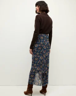 Sira Long Ruched Silk Skirt in Blue-Stone-Multi