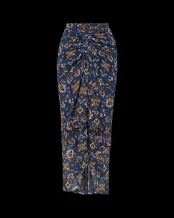 Sira Long Ruched Silk Skirt in Blue-Stone-Multi