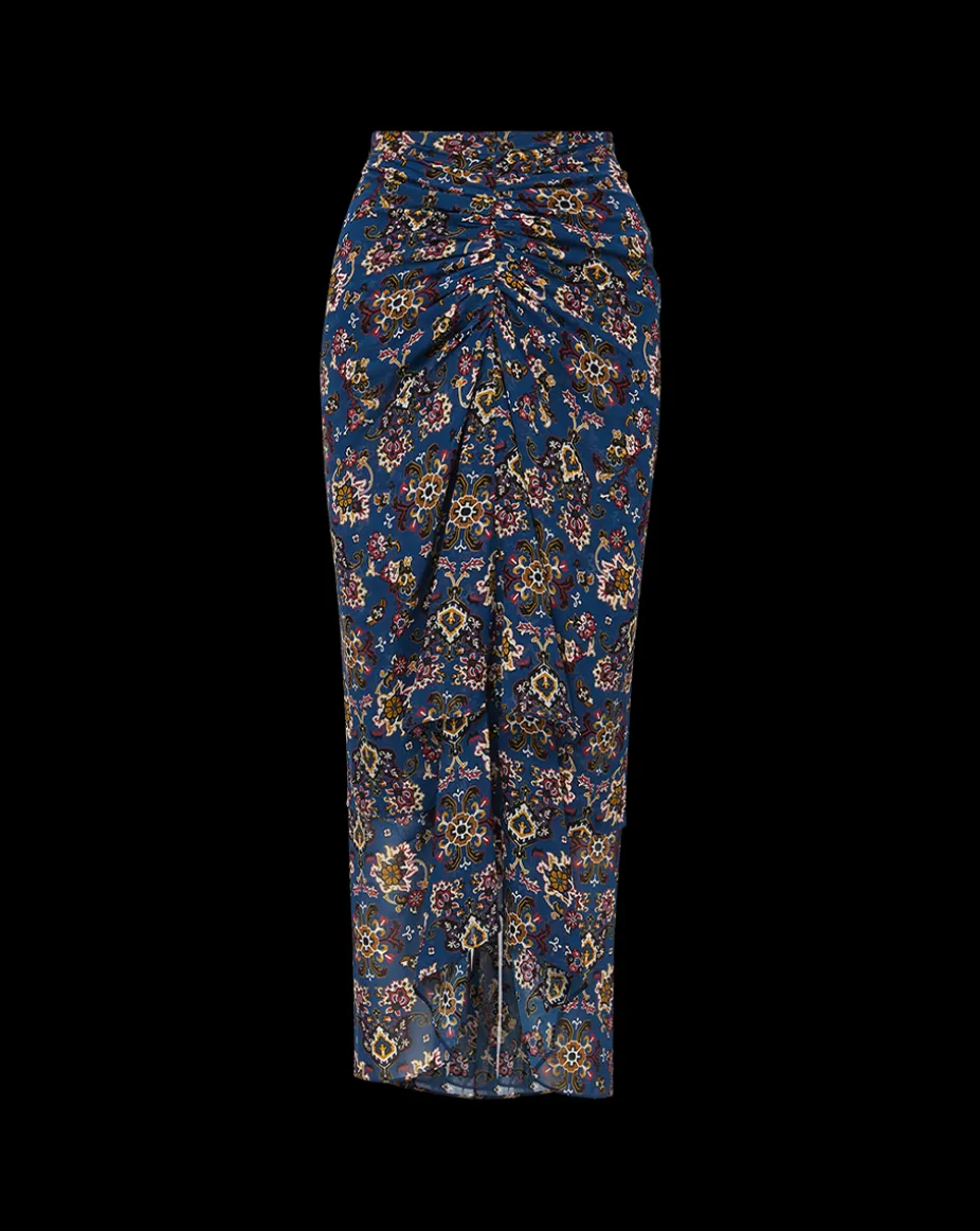 Sira Long Ruched Silk Skirt in Blue-Stone-Multi
