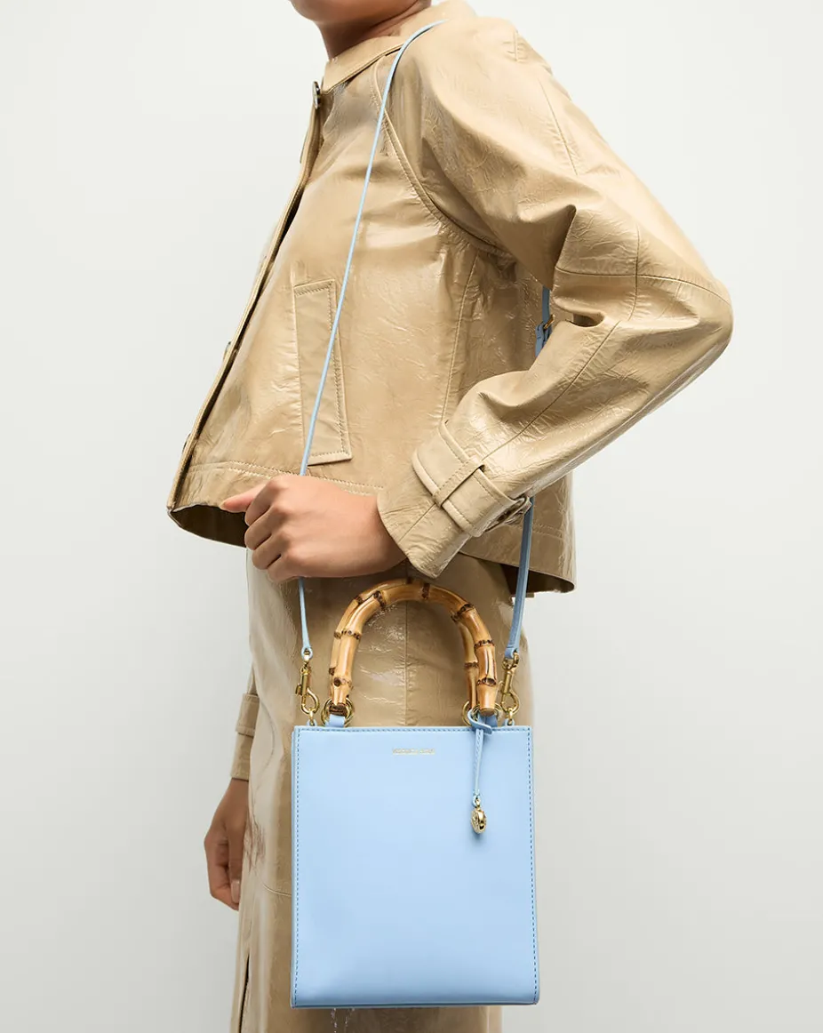 Small Bamboo-Handle Shopper Bag in Light Blue