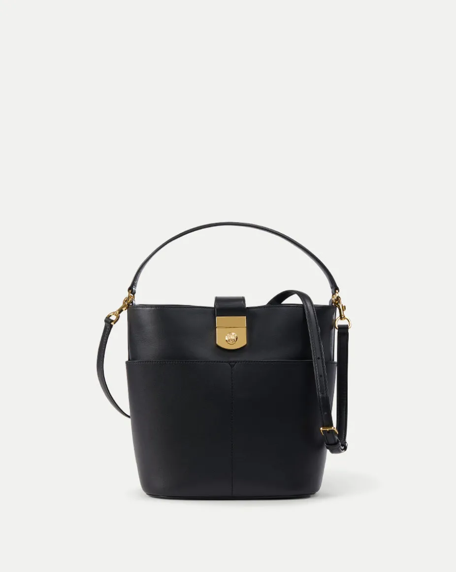 Small Crest Lock Bucket Bag in Black