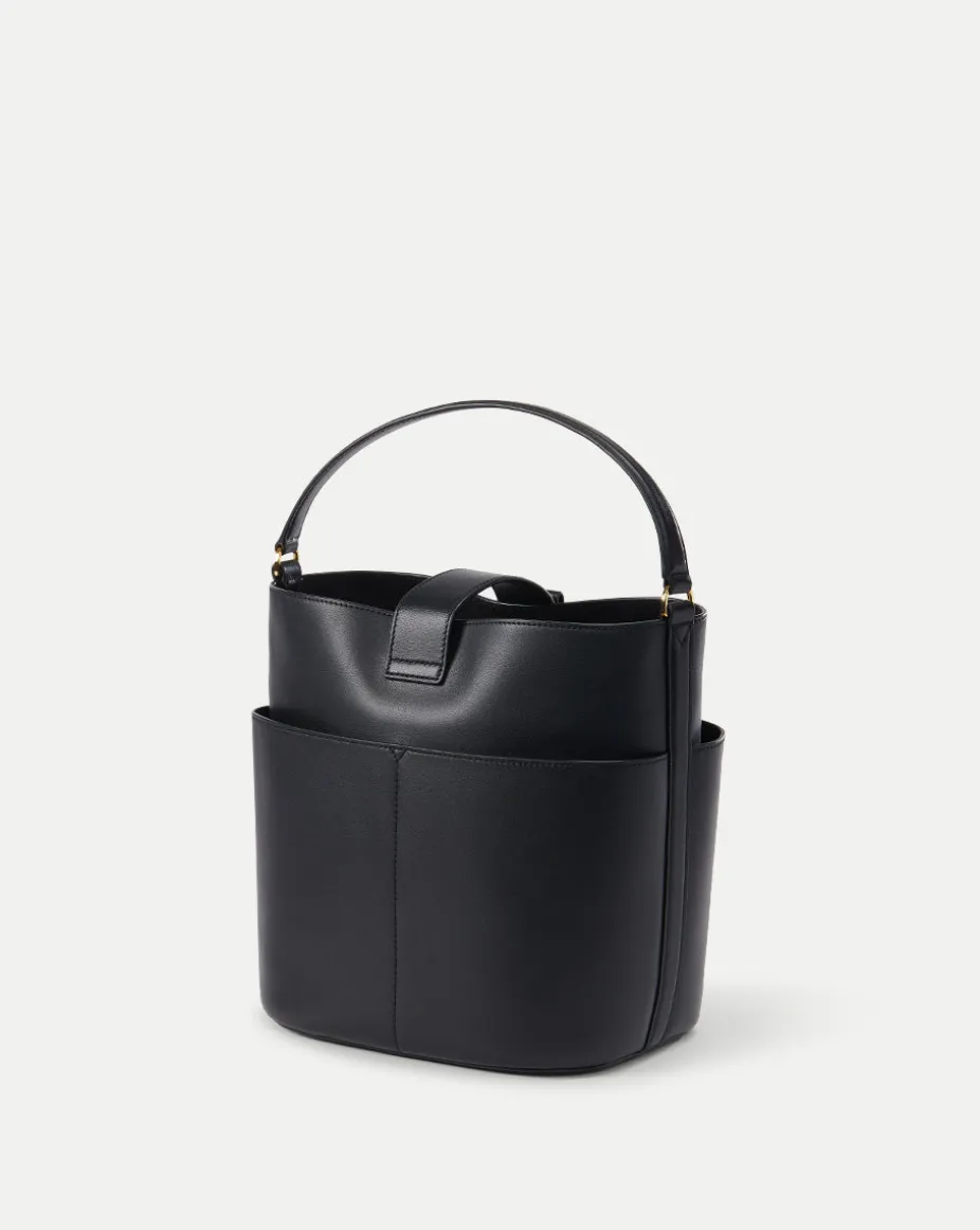 Small Crest Lock Bucket Bag in Black
