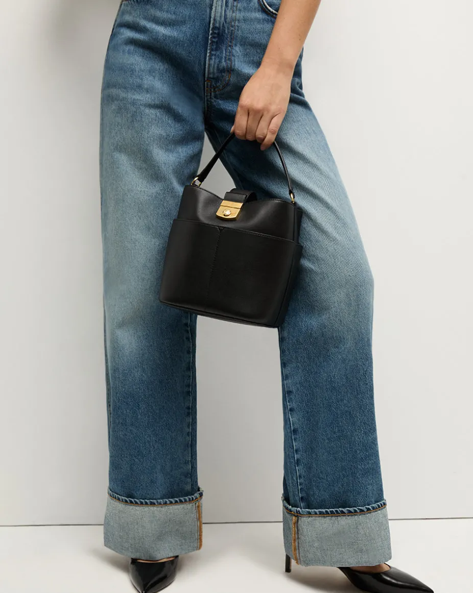 Small Crest Lock Bucket Bag in Black