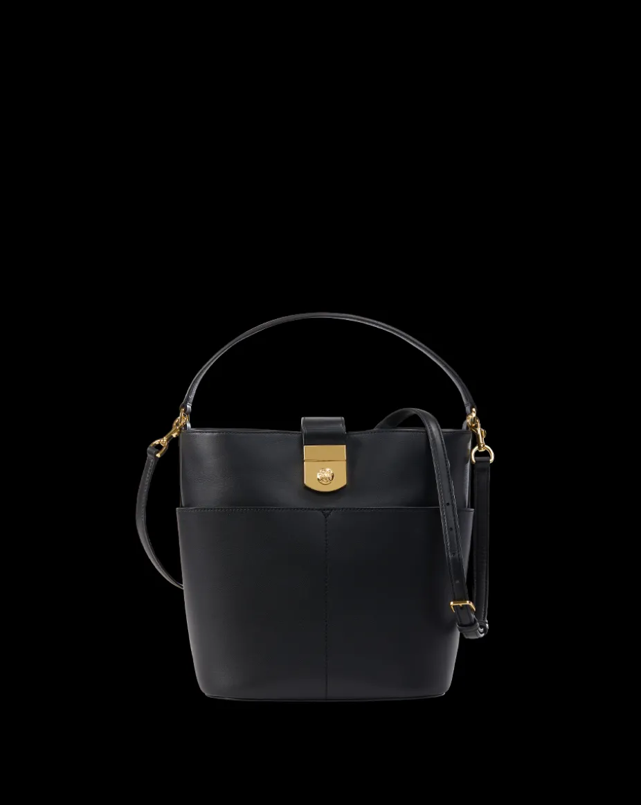 Small Crest Lock Bucket Bag in Black