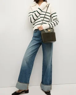 Small Crest Lock Suede Bucket Bag in Pine