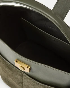 Small Crest Lock Suede Bucket Bag in Pine