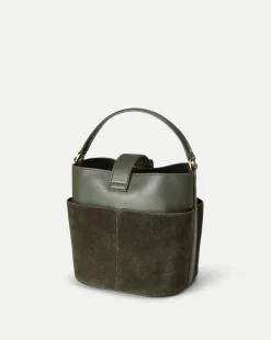 Small Crest Lock Suede Bucket Bag in Pine