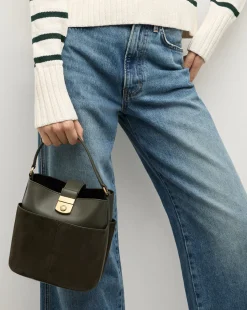 Small Crest Lock Suede Bucket Bag in Pine