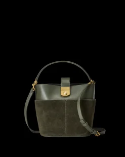 Small Crest Lock Suede Bucket Bag in Pine