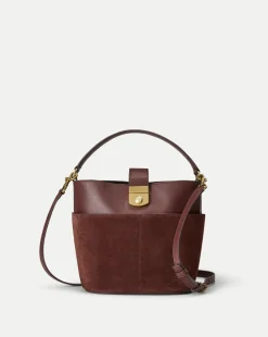 Small Crest Lock Suede Bucket Bag in Chestnut