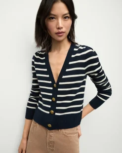 Solene Cashmere Striped Cardigan in Navy