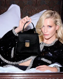 Velvet Crest Lock Top Handle Bag in Black x Poppy Delevingne