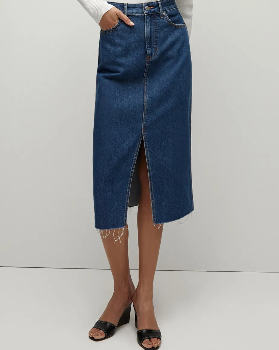Victoria Raw-Edge Midi Denim Skirt
