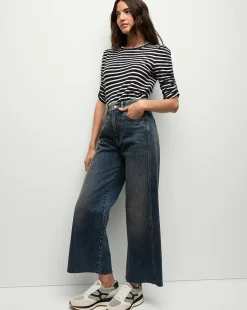 Waldorf Ruched-Sleeve Tee in Navy/White