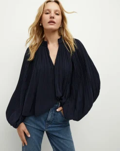 Walker Pleated Top in Navy